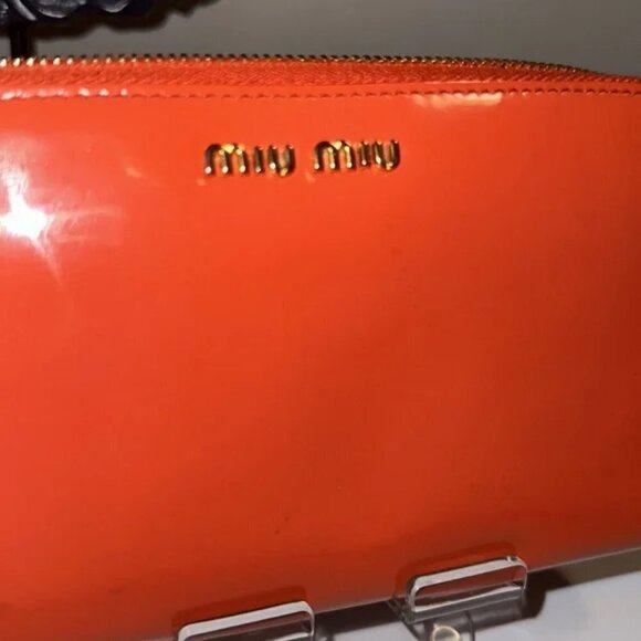 MIU MIU Prada Orange Italian Patent Leather Italian Long Wallet Full Zip Bow GUC - Picture 12 of 12